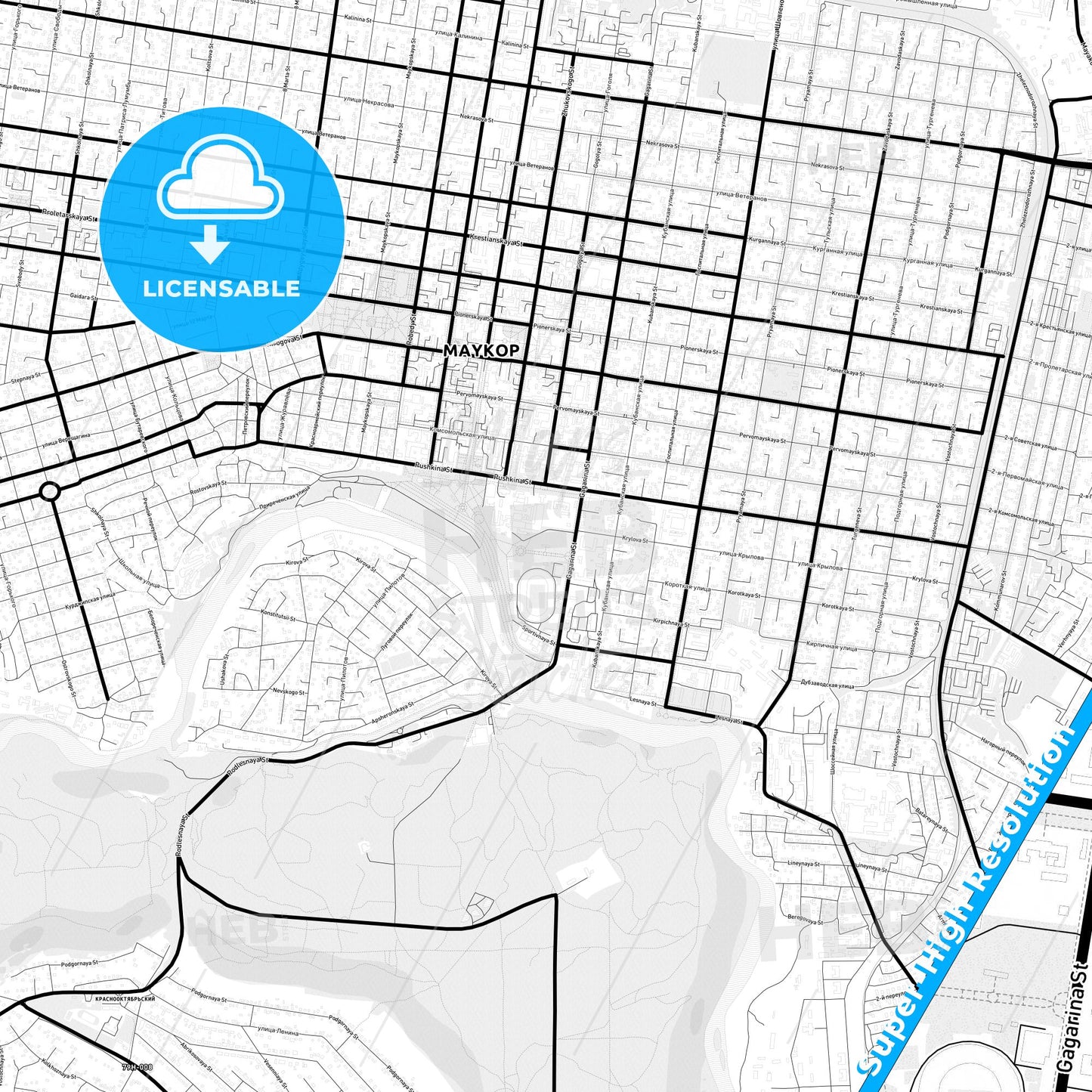 Maykop, Russia Light Map with Street Names, City Names, and Districts