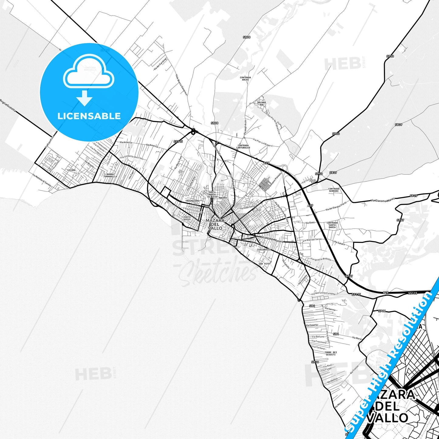 Mazara del Vallo, Italy Light Map with Street Names, City Names, and Districts