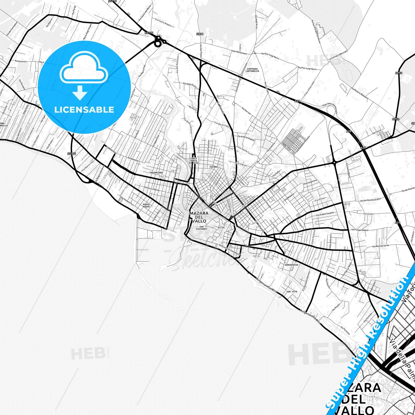 Mazara del Vallo, Italy Light Map with Street Names, City Names, and Districts