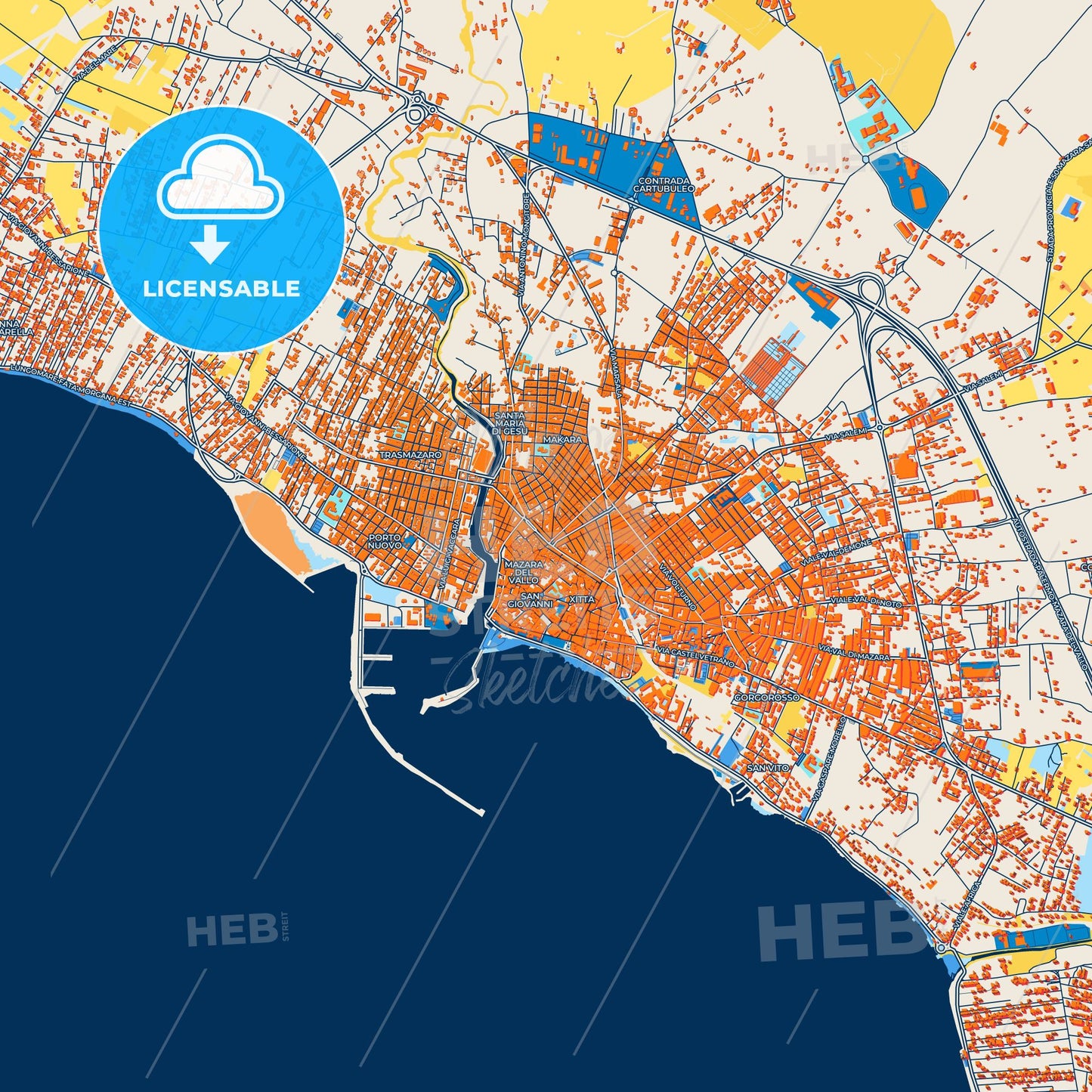 Colorful Mazara del Vallo Street Map with Labels and Buildings