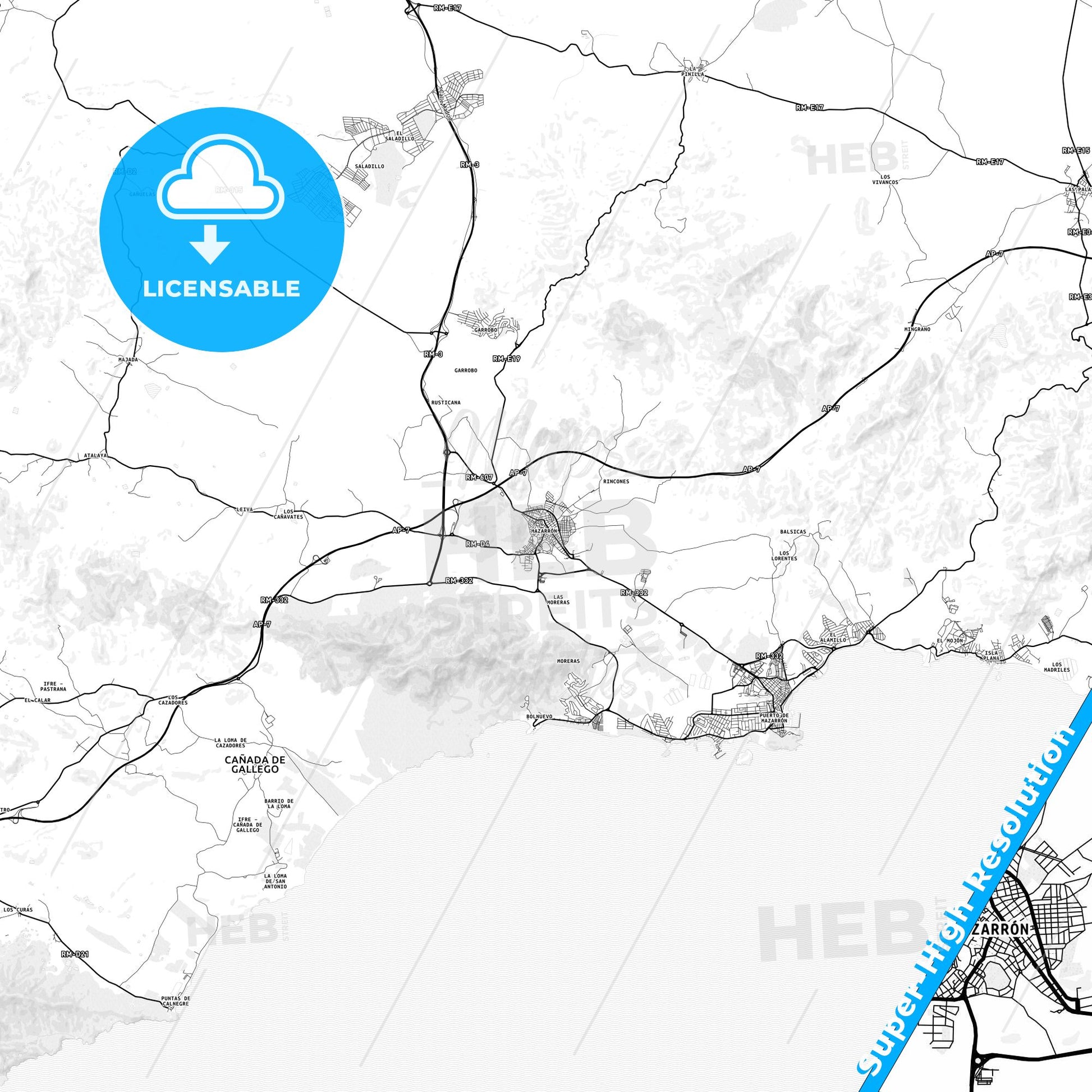 Mazarrón, Spain light map with streetnames, citynames and districts