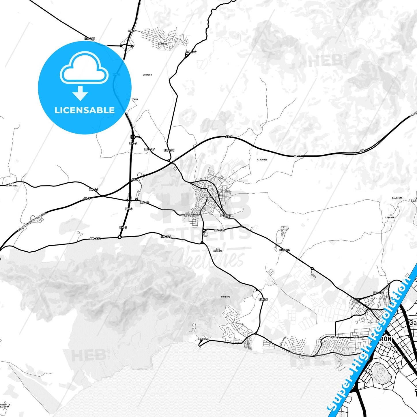 Mazarrón, Spain Light Map with Street Names, City Names, and Districts