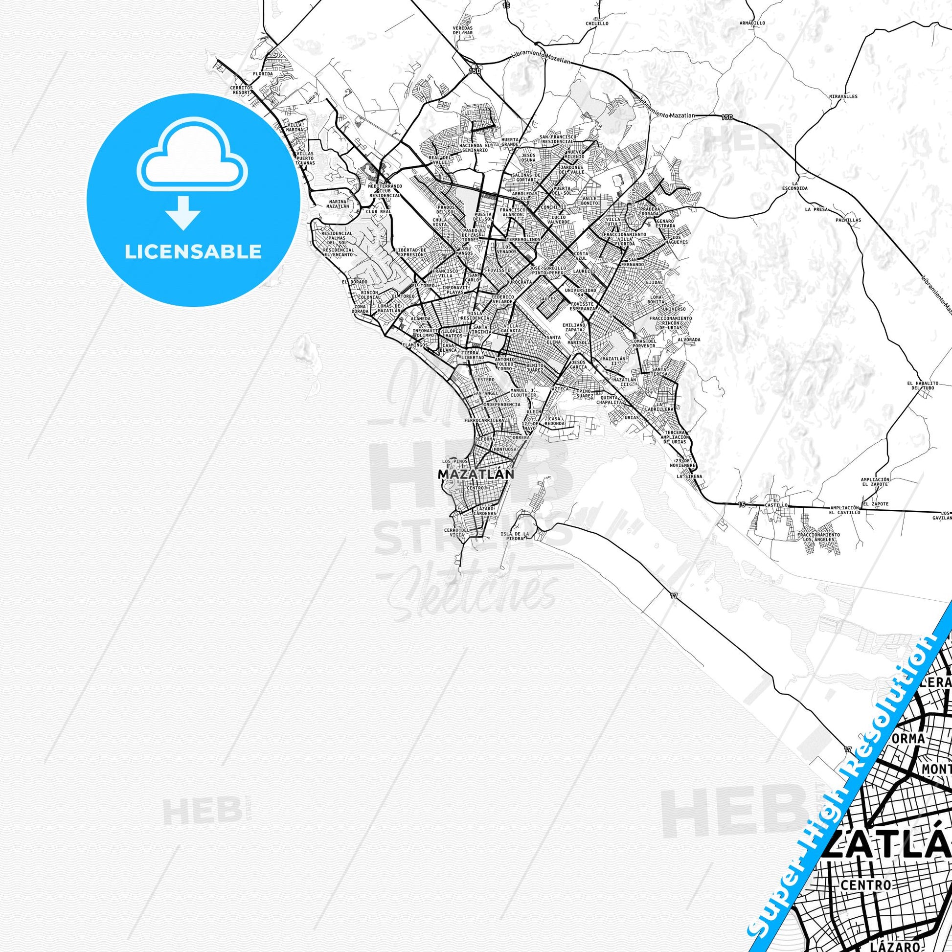 Mazatlán, Mexico light map with streetnames, citynames and districts