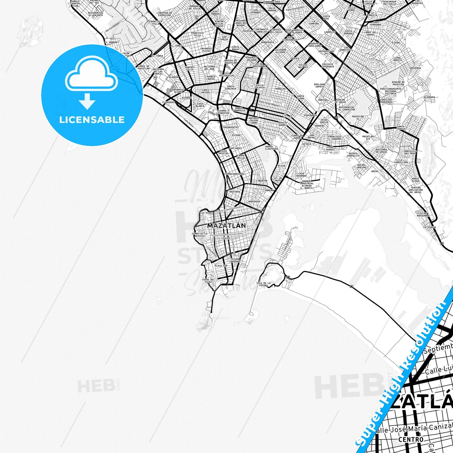 Mazatlán, Mexico Light Map with Street Names, City Names, and Districts