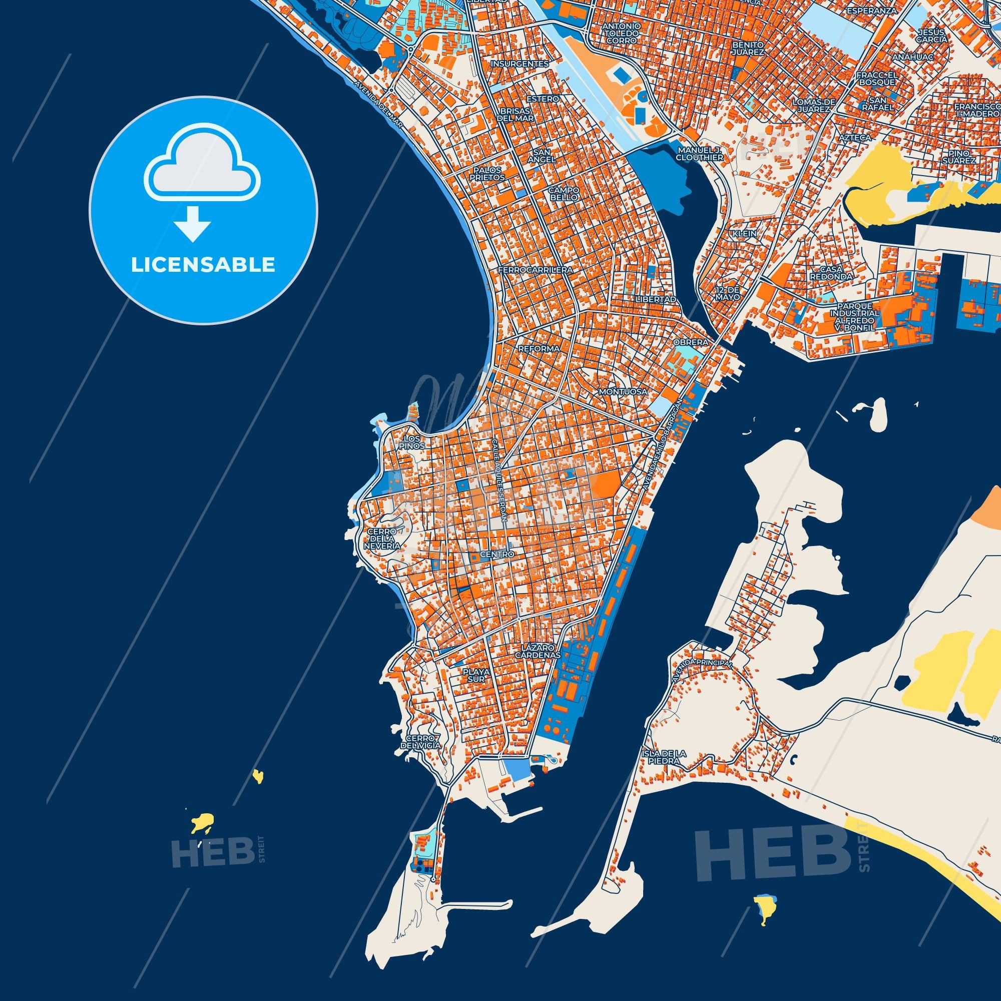 Colorful Mazatlán Street Map With Labels And Buildings – HEBSTREITS