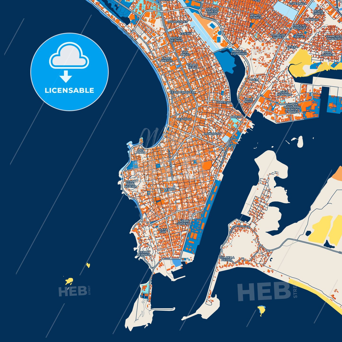 Colorful Mazatlán Street Map with Labels and Buildings