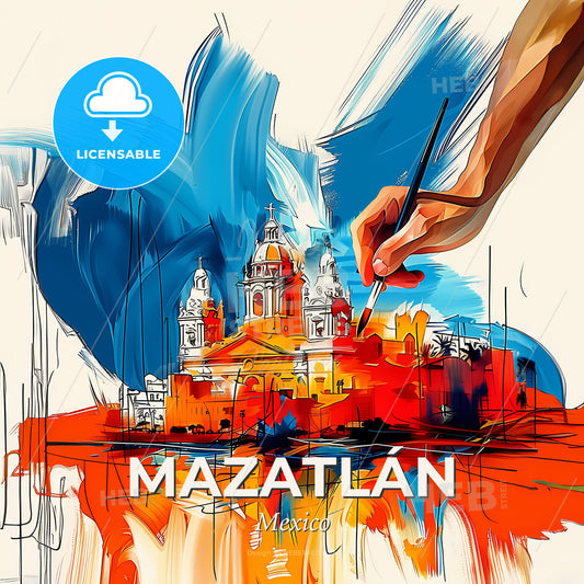 Vibrant Mazatlán, Mexico - A Painting Of A Building With A Hand Holding A Brush - Square format print template