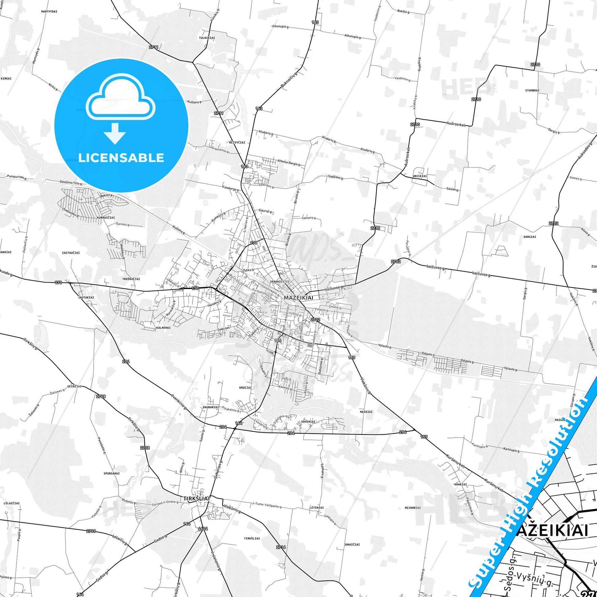 Mažeikiai, Lithuania light map with streetnames, citynames and districts