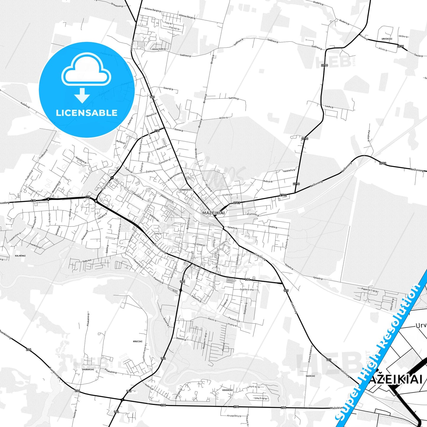 Mažeikiai, Lithuania Light Map with Street Names, City Names, and Districts