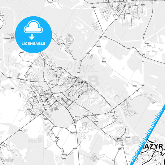 Mazyr, Belarus light map with streetnames, citynames and districts