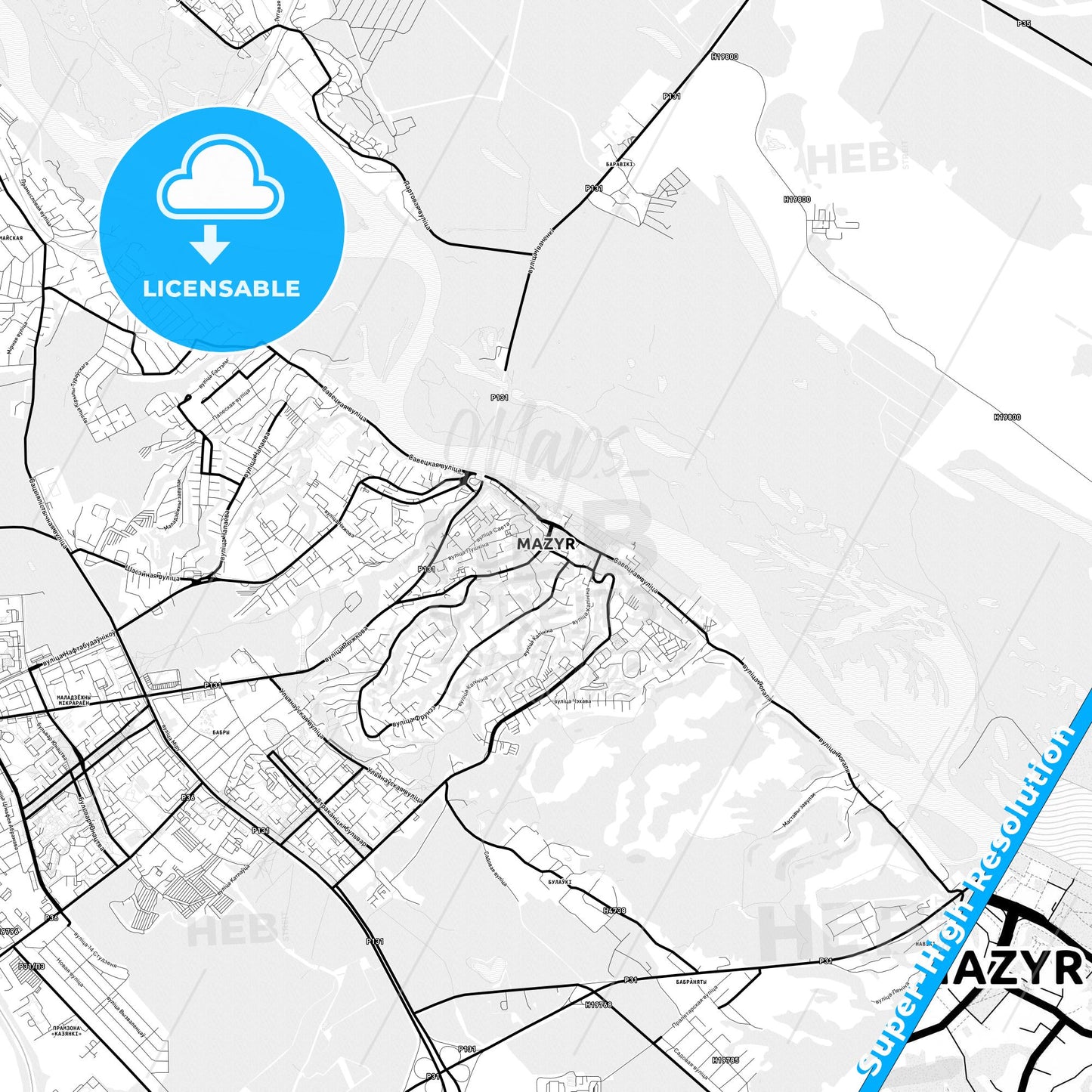 Mazyr, Belarus Light Map with Street Names, City Names, and Districts