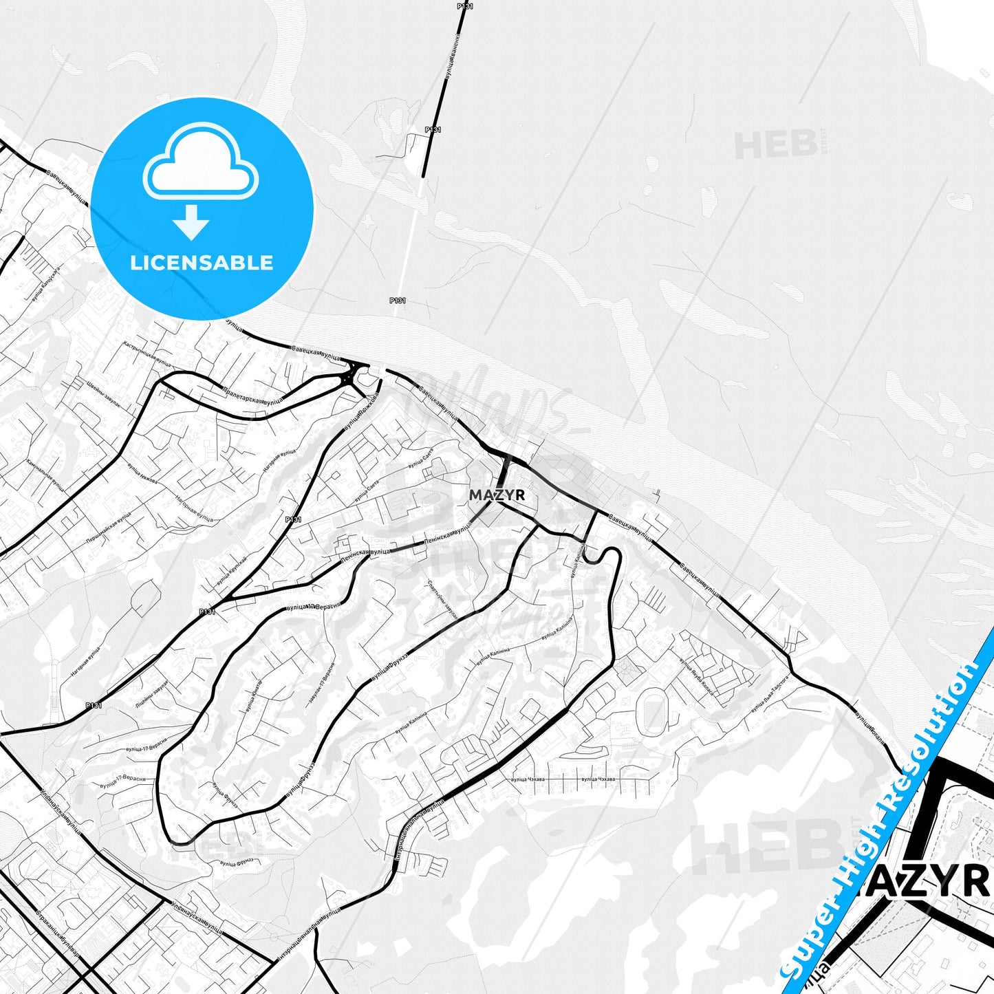 Mazyr, Belarus Light Map with Street Names, City Names, and Districts