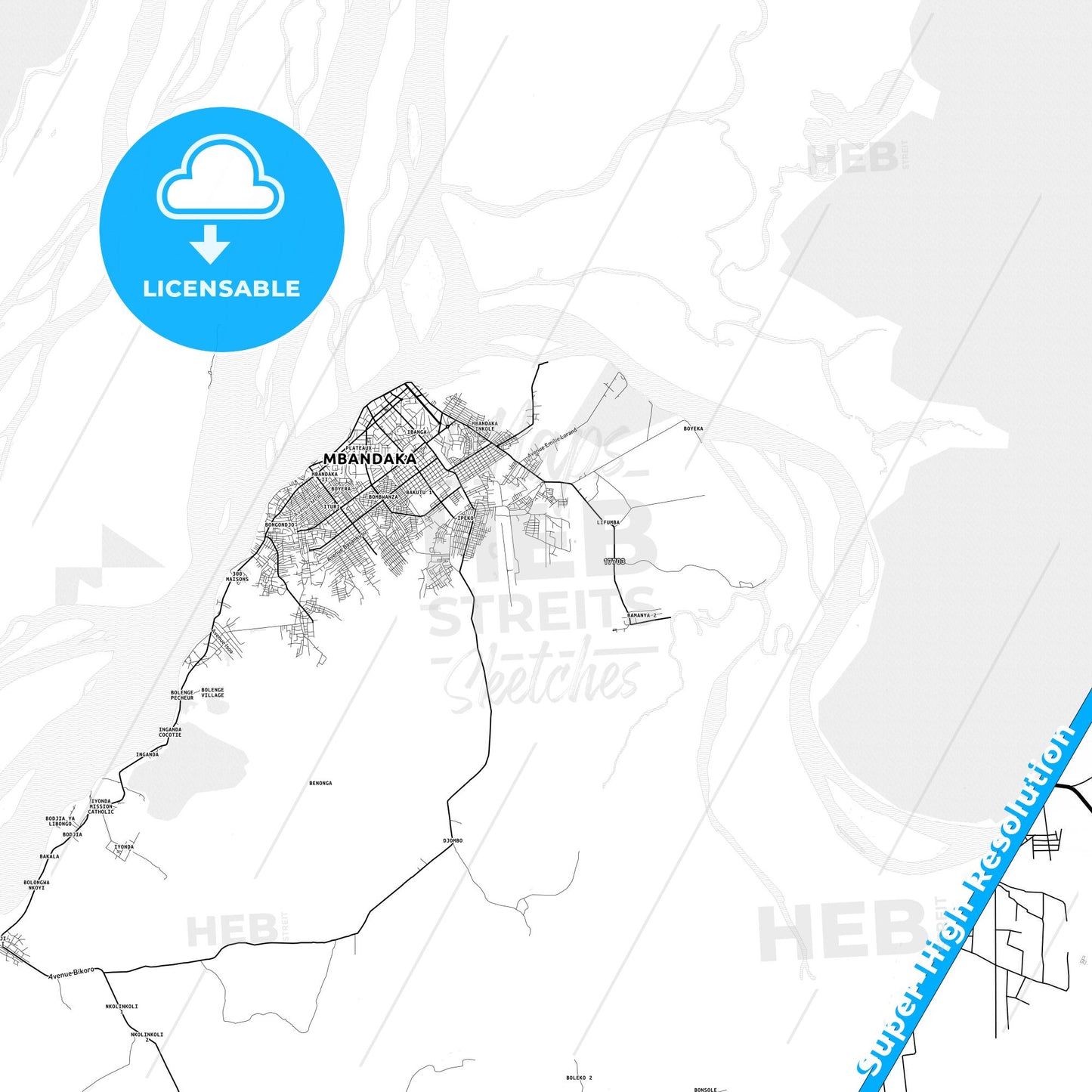 Mbandaka, DR Congo light map with streetnames, citynames and districts