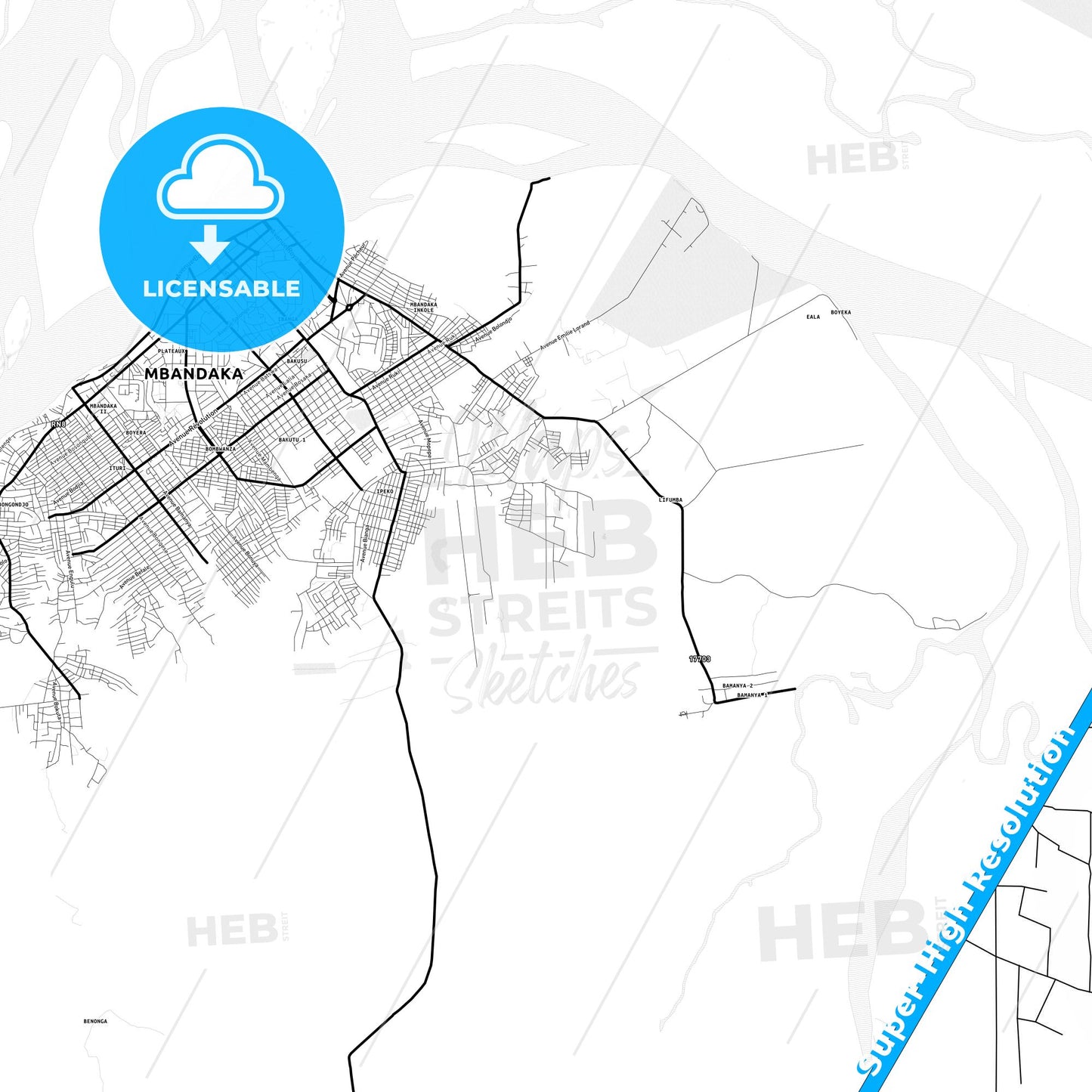 Mbandaka, DR Congo Light Map with Street Names, City Names, and Districts
