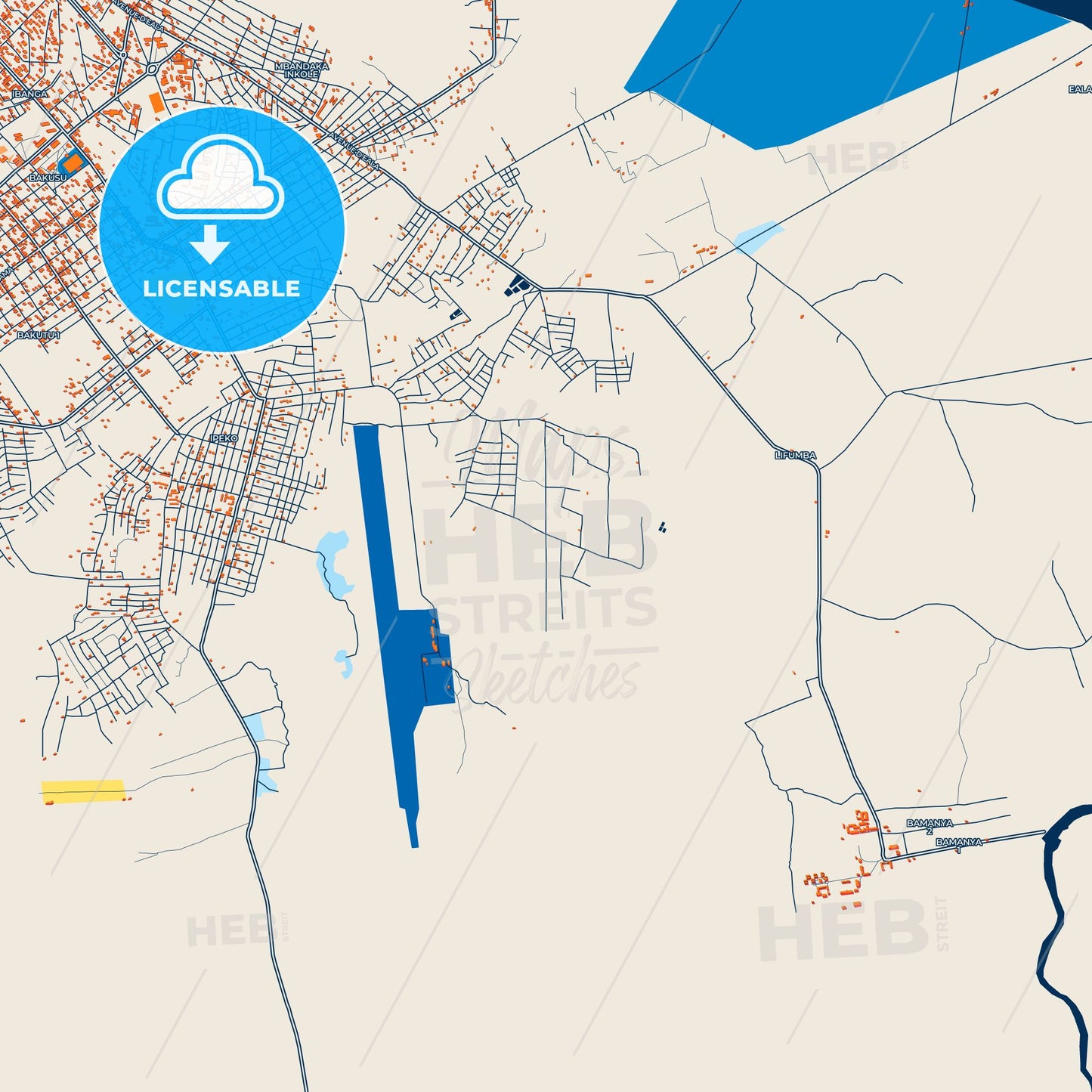 Colorful Mbandaka Street Map with Labels and Buildings