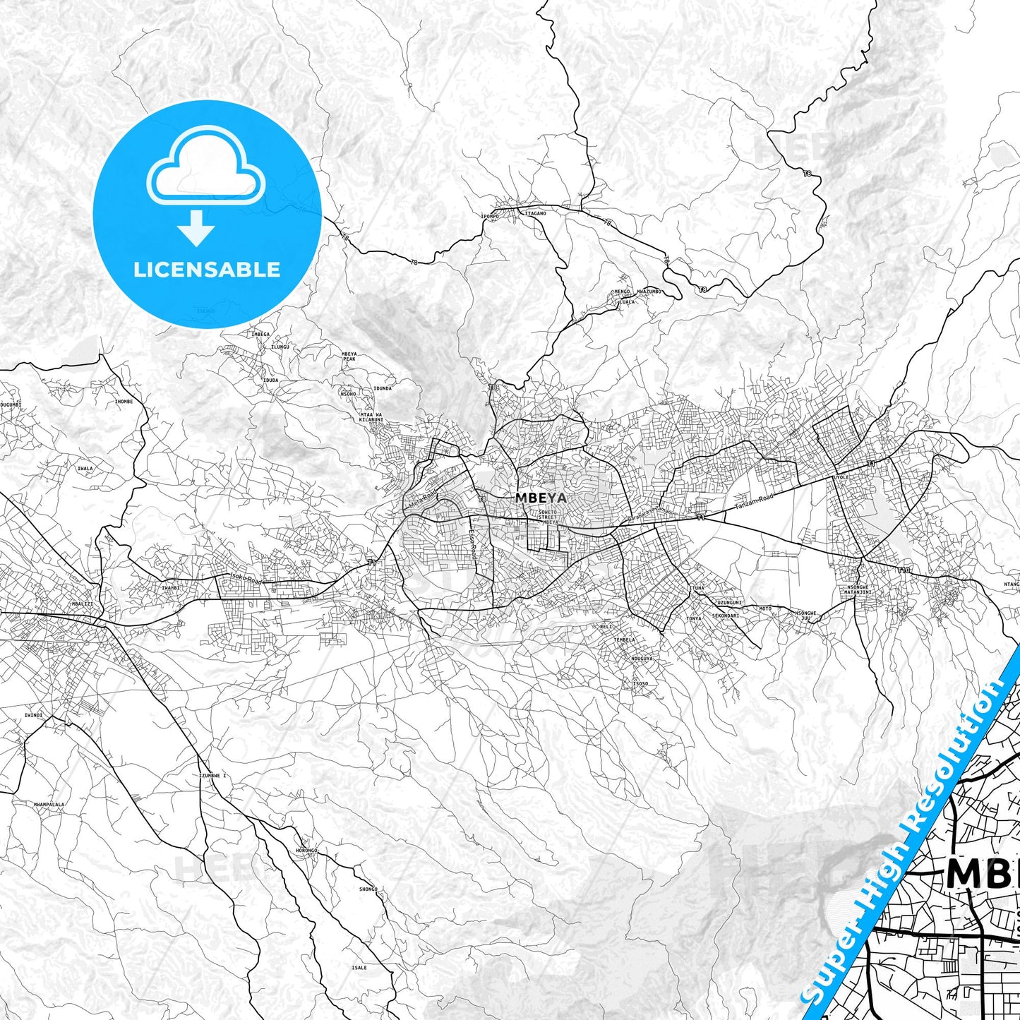 Mbeya, Tanzania light map with streetnames, citynames and districts