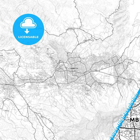 Mbeya, Tanzania light map with streetnames, citynames and districts