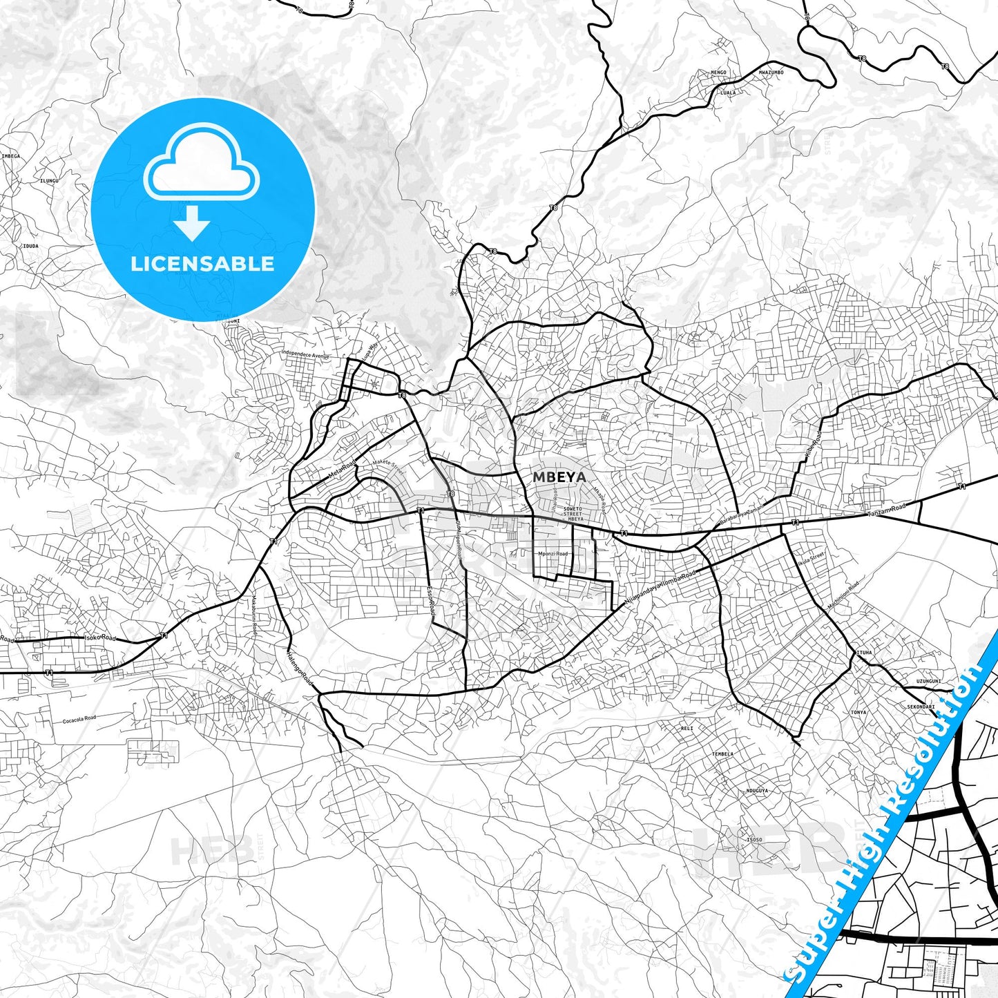 Mbeya, Tanzania Light Map with Street Names, City Names, and Districts