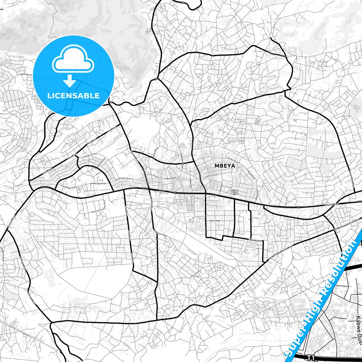 Mbeya, Tanzania Light Map with Street Names, City Names, and Districts