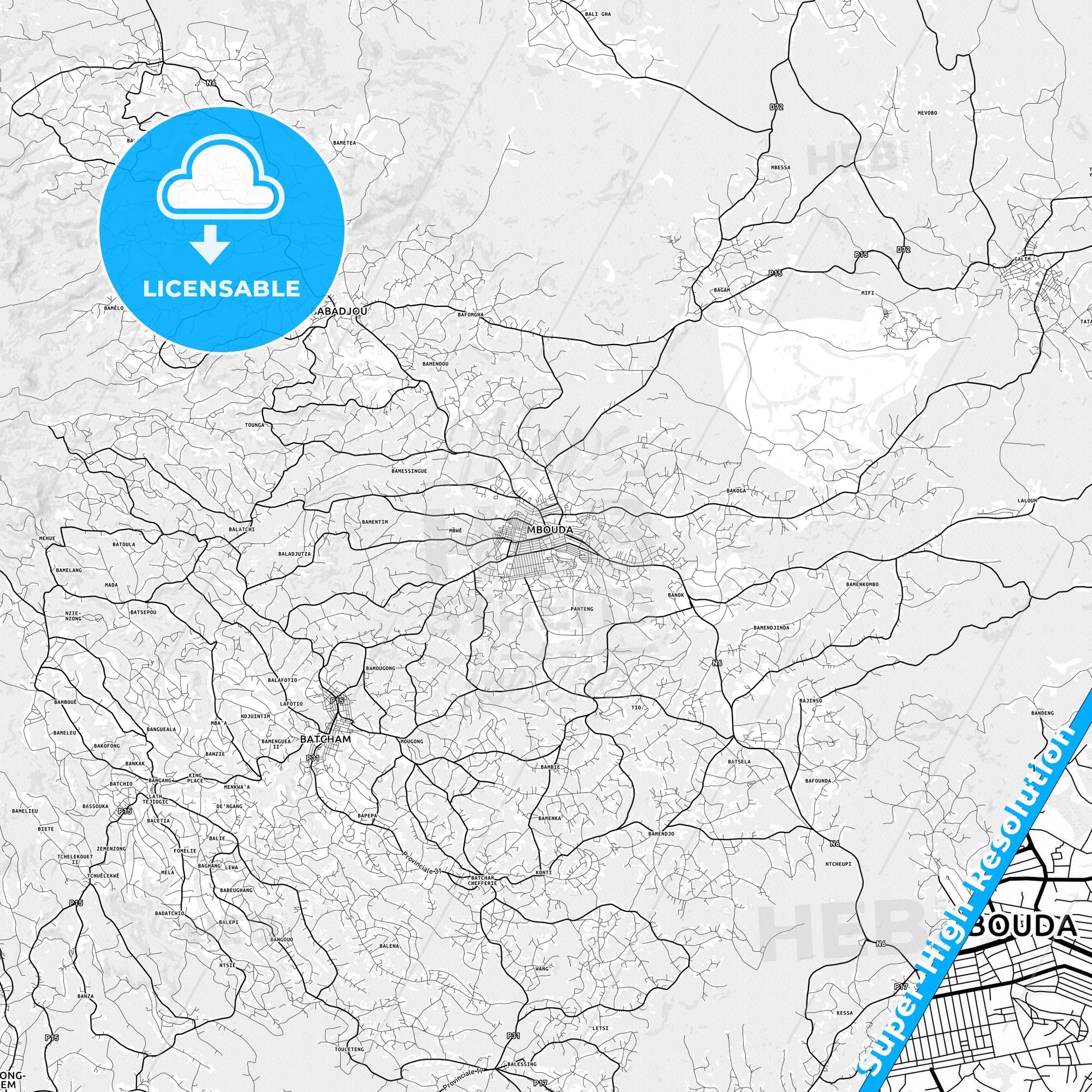 Mbouda, Cameroon light map with streetnames, citynames and districts
