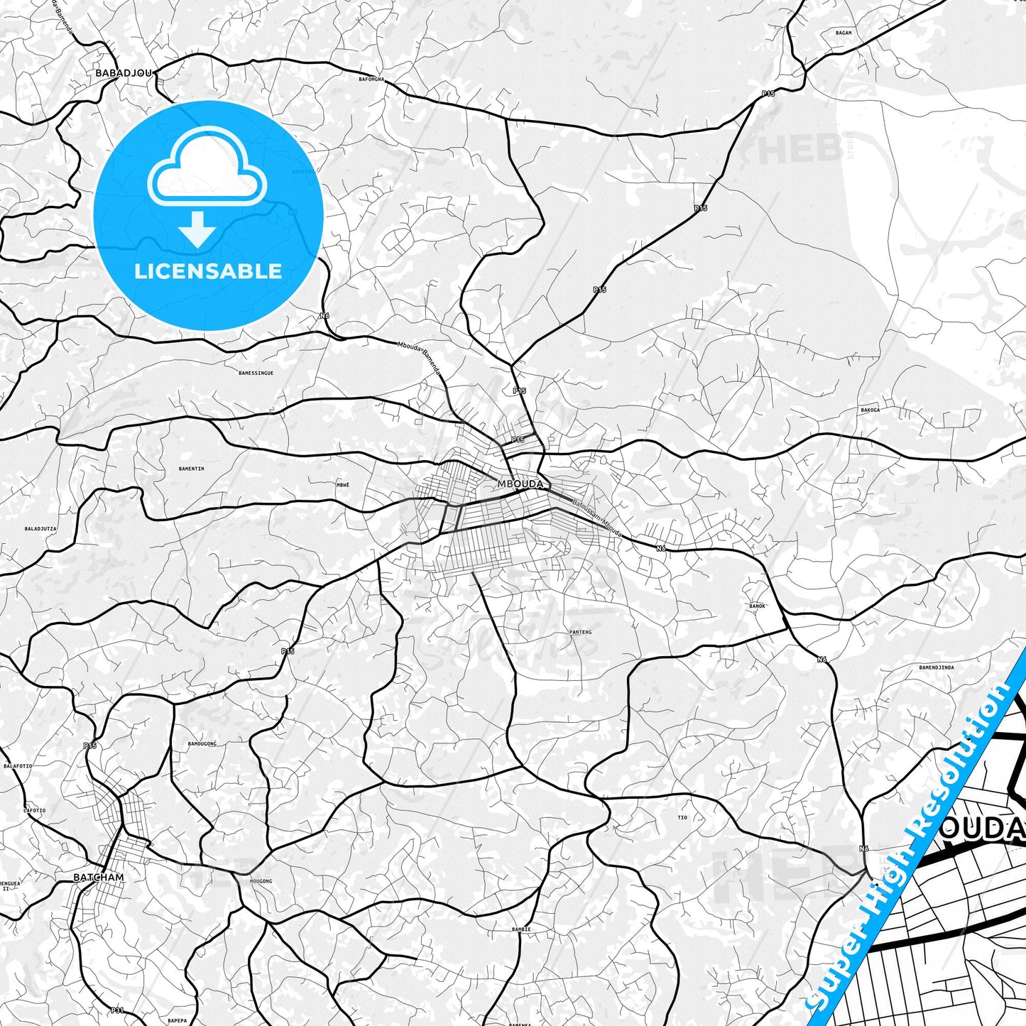 Mbouda, Cameroon Light Map with Street Names, City Names, and Districts