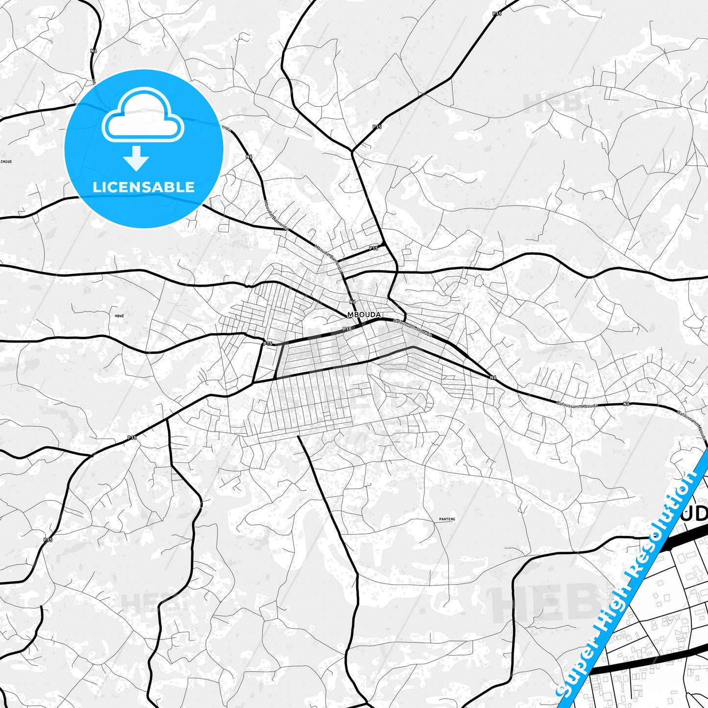 Mbouda, Cameroon Light Map with Street Names, City Names, and Districts
