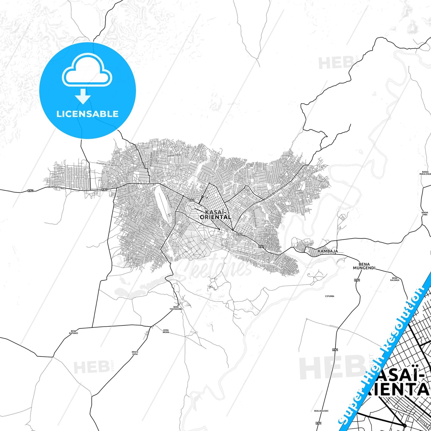 Mbuji-Mayi, DR Congo light map with streetnames, citynames and districts