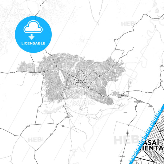 Mbuji-Mayi, DR Congo light map with streetnames, citynames and districts