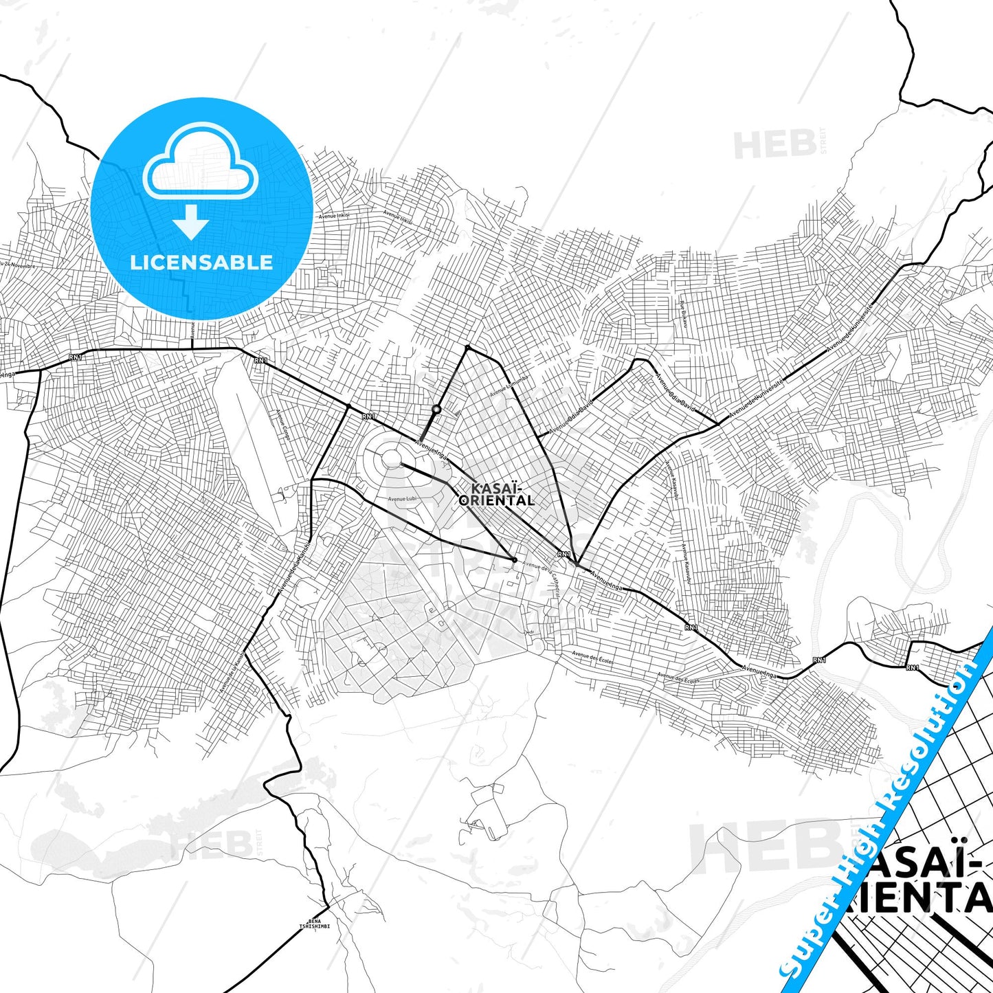 Mbuji-Mayi, DR Congo Light Map with Street Names, City Names, and Districts