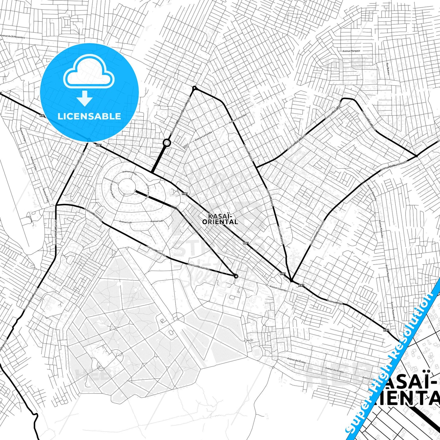Mbuji-Mayi, DR Congo Light Map with Street Names, City Names, and Districts