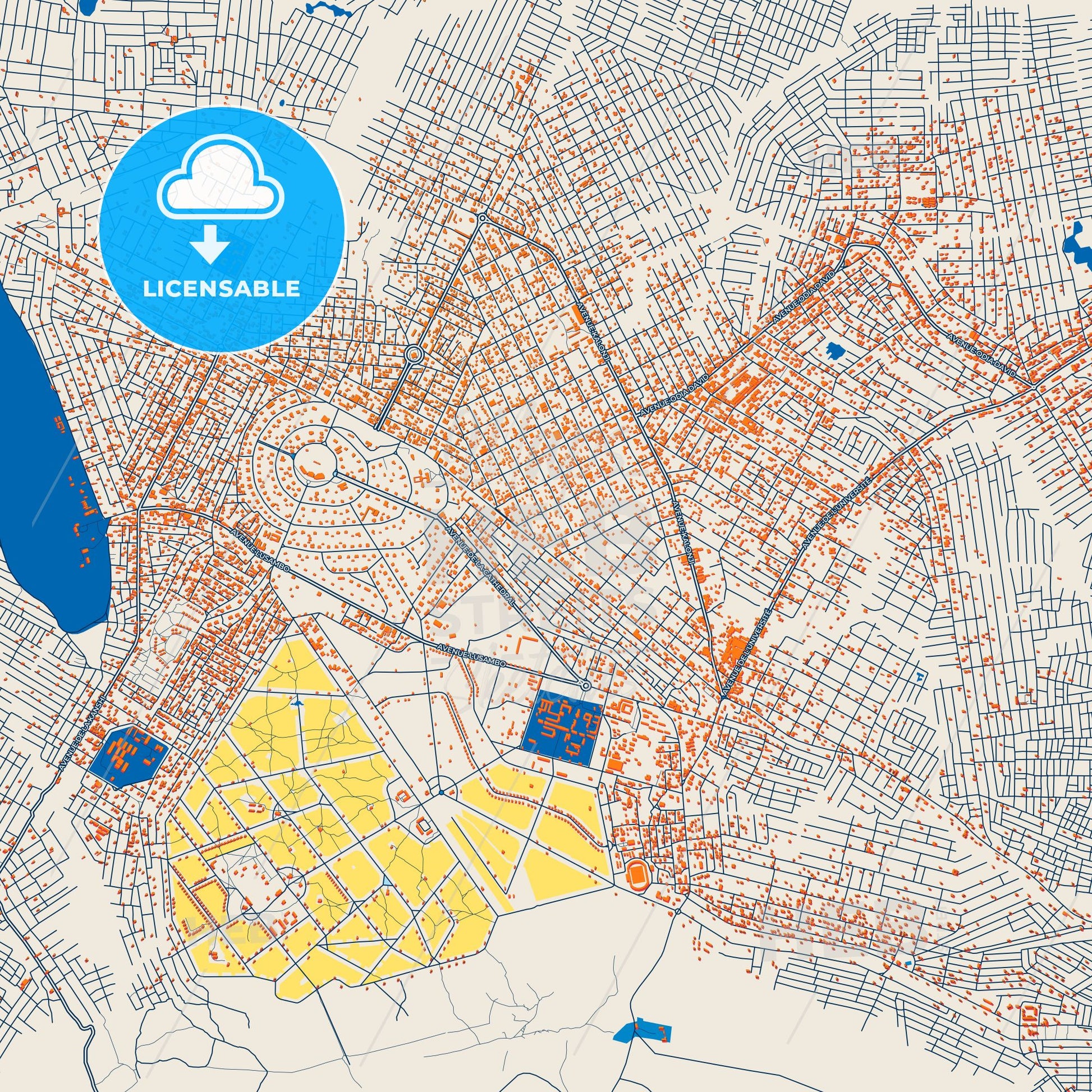 Colorful Mbuji-Mayi Street Map with Labels and Buildings
