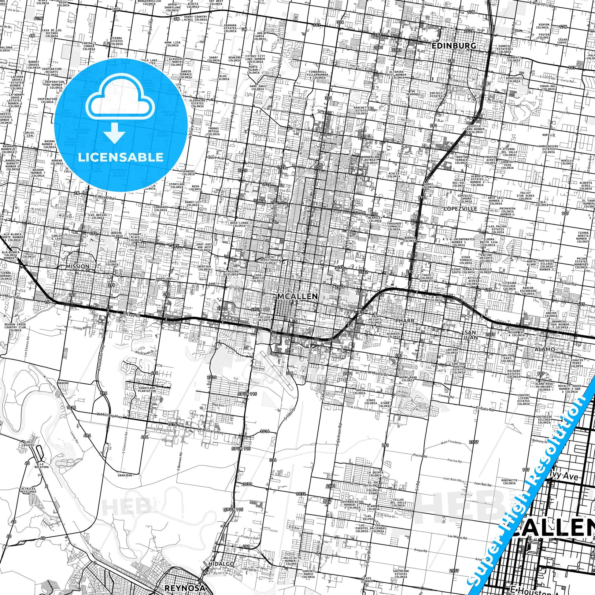 McAllen, Texas light map with streetnames, citynames and districts