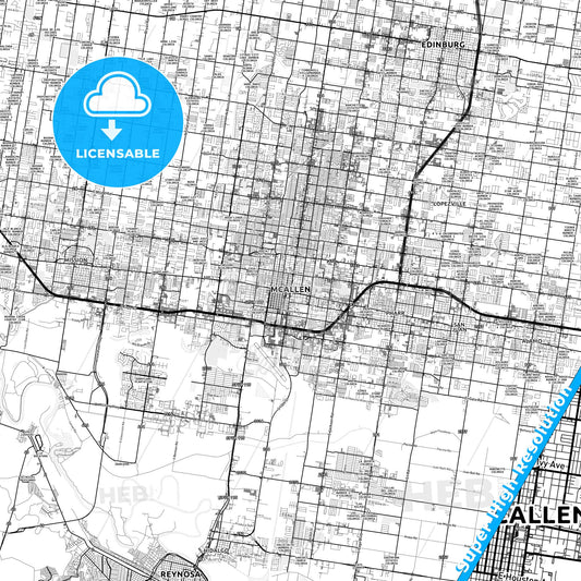 McAllen, Texas light map with streetnames, citynames and districts