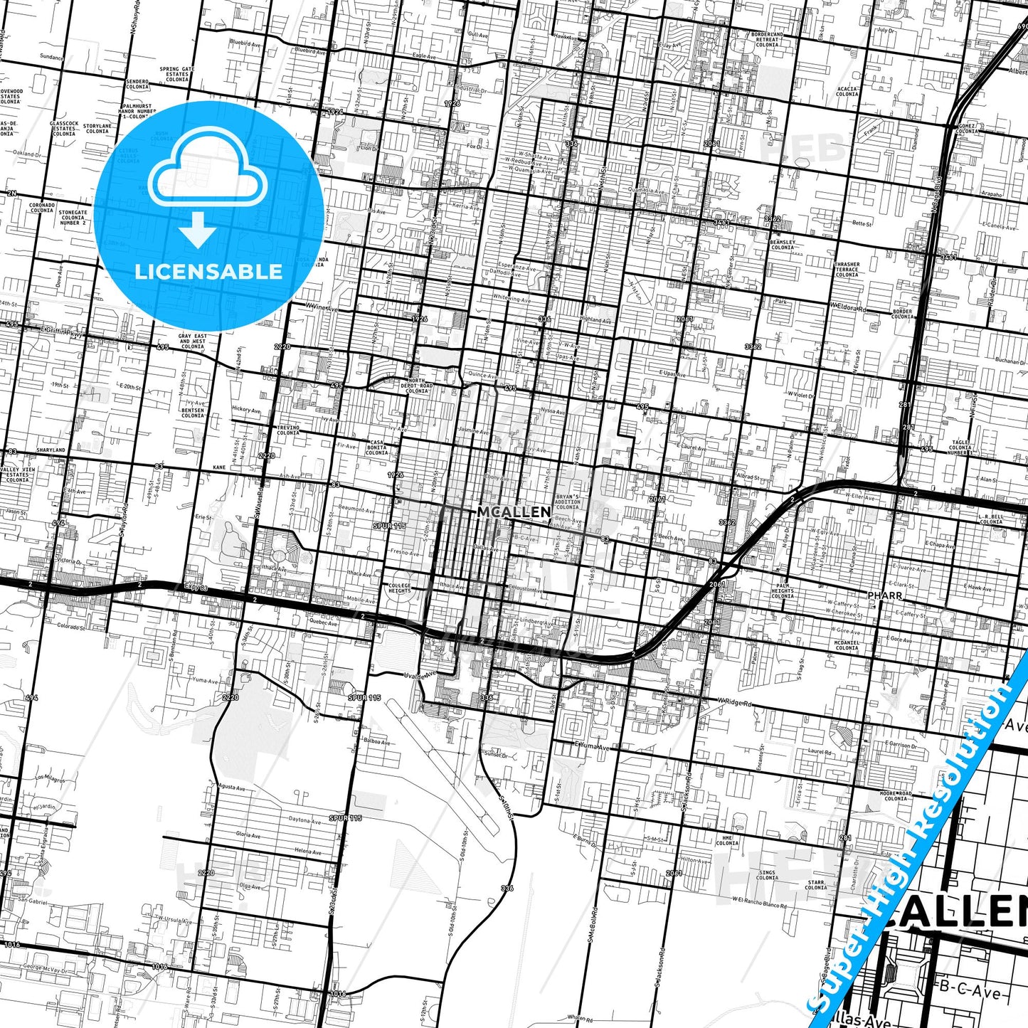 McAllen, Texas Light Map with Street Names, City Names, and Districts