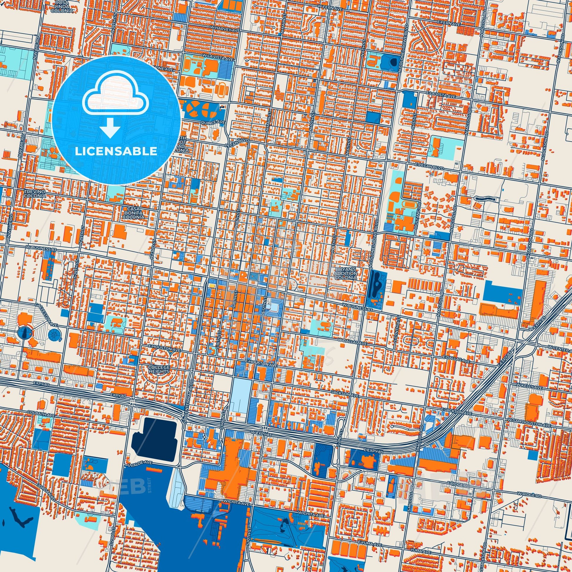 Colorful McAllen Street Map with Labels and Buildings