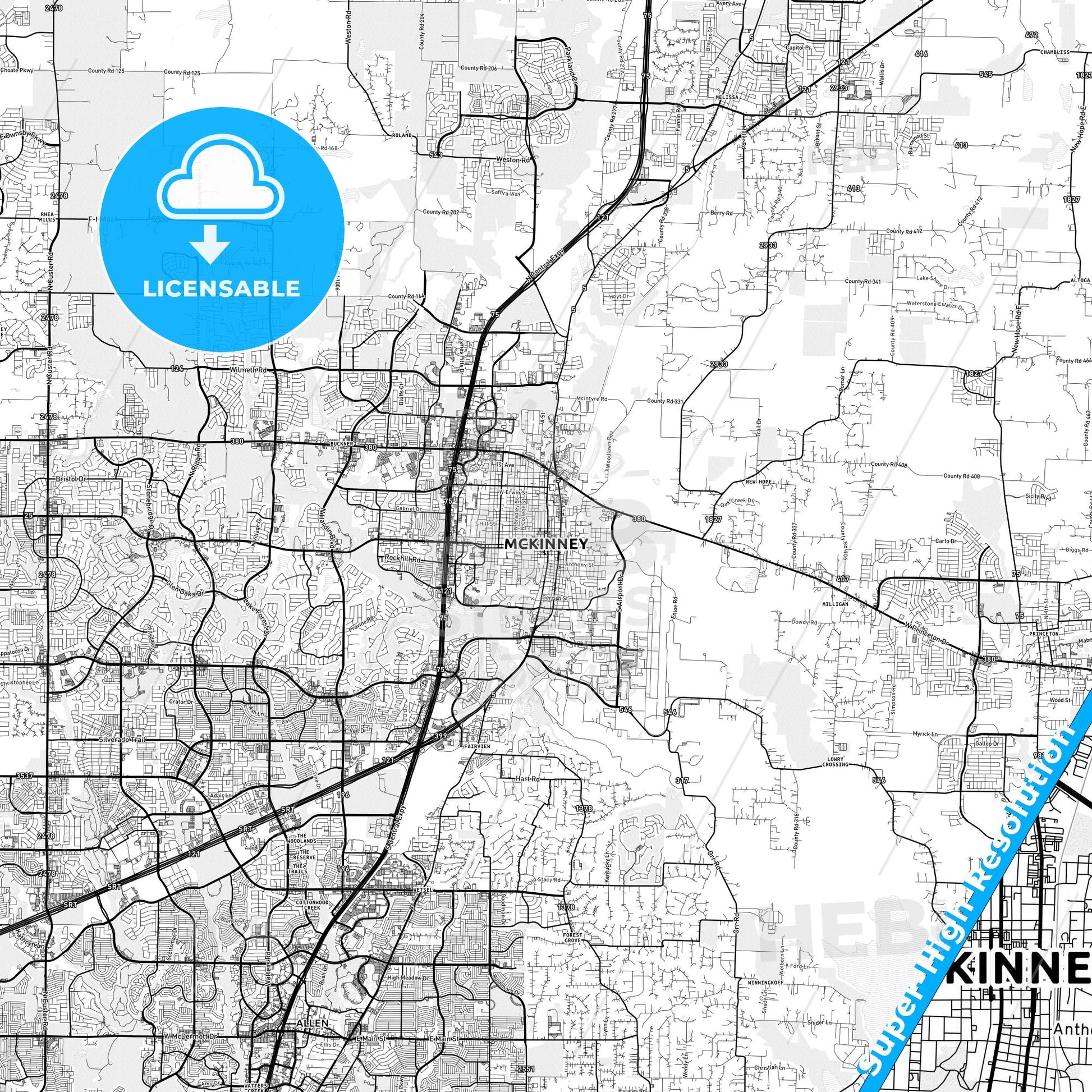 McKinney, Texas light map with streetnames, citynames and districts