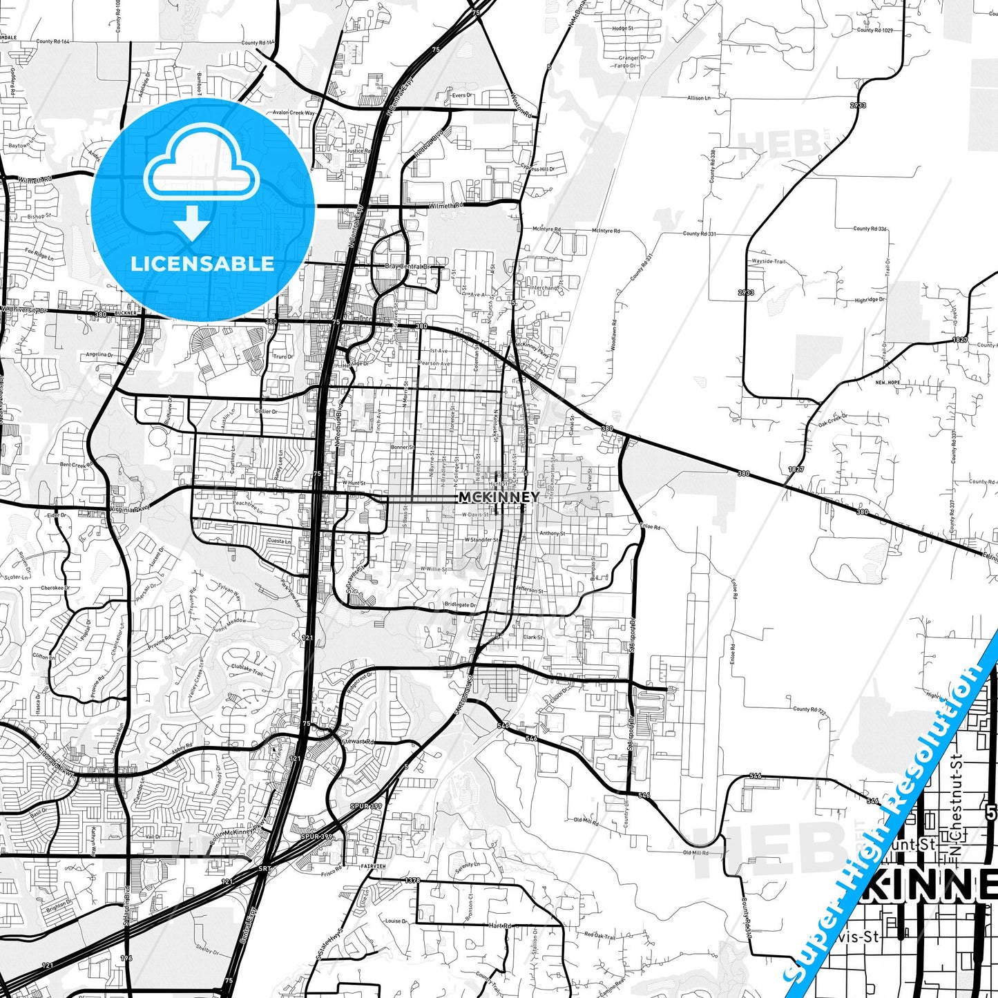 McKinney, Texas Light Map with Street Names, City Names, and Districts
