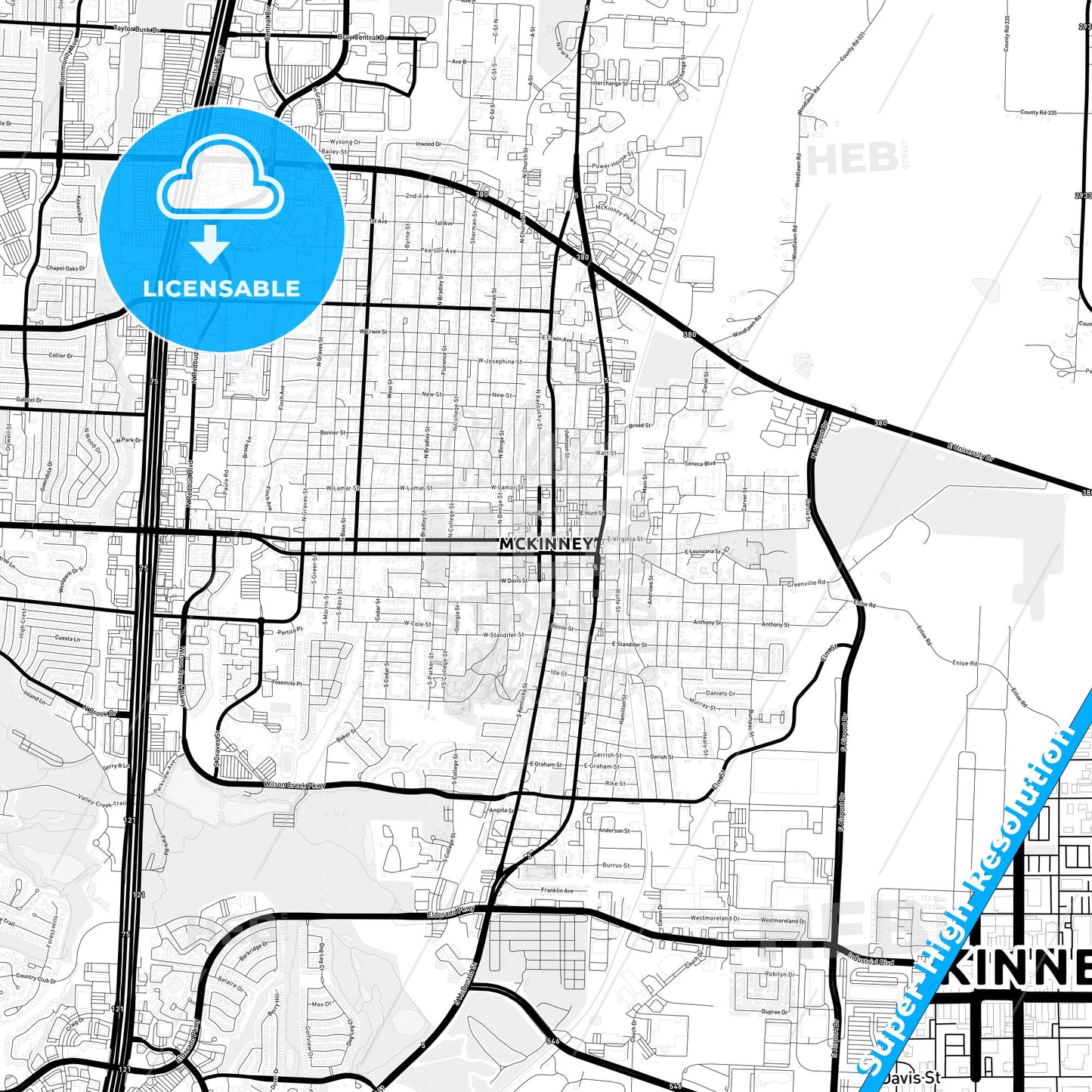 McKinney, Texas Light Map with Street Names, City Names, and Districts