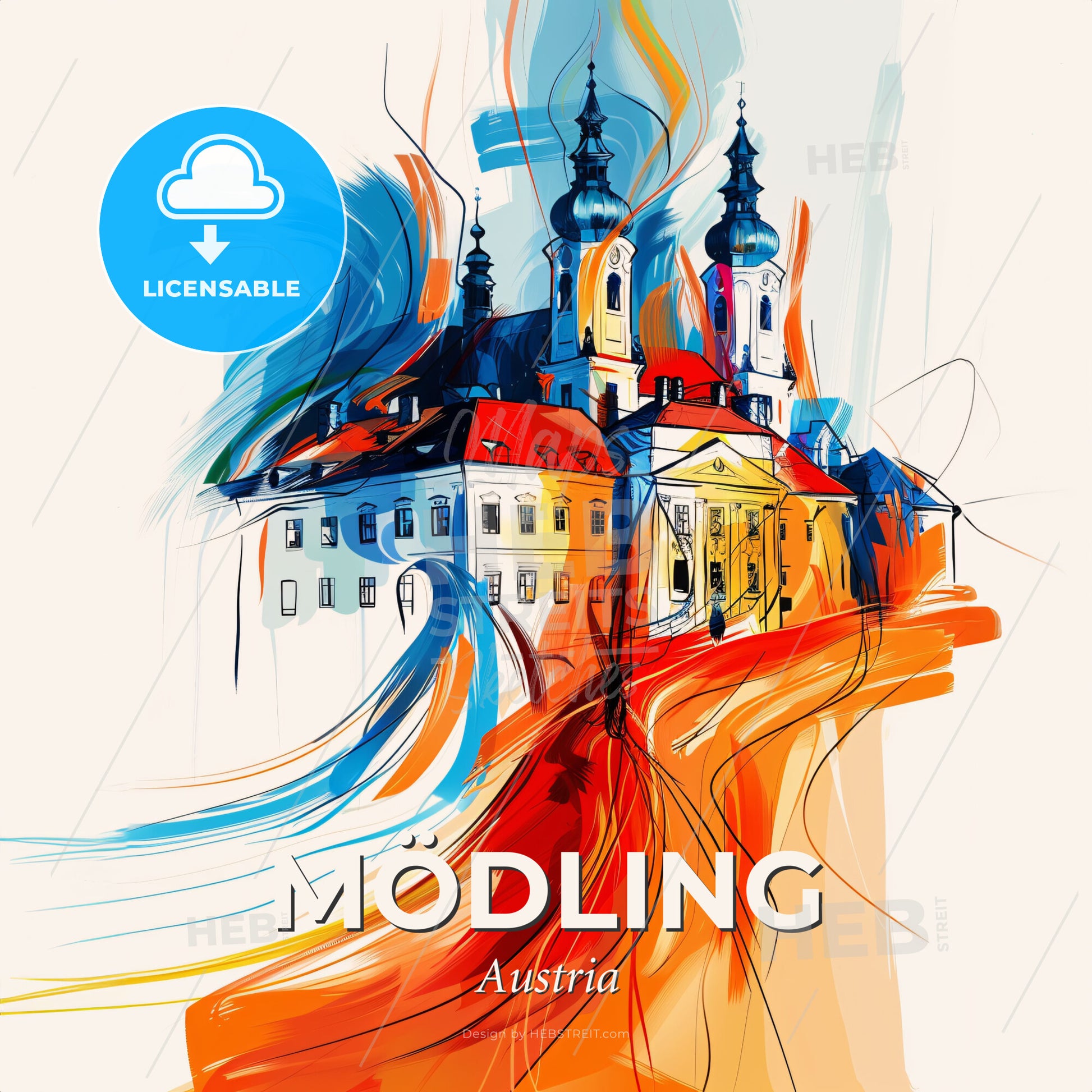 Vibrant Mödling, Austria - A Painting Of A Building With Towers And A Red And Blue Wave - Square format print template