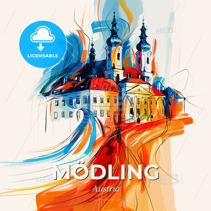 Vibrant Mödling, Austria - A Painting Of A Building With Towers And A Red And Blue Wave - Square format print template