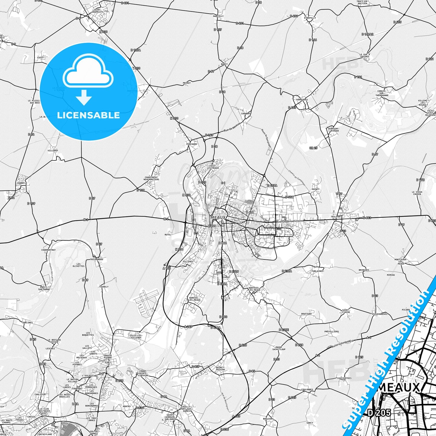 Meaux, France light map with streetnames, citynames and districts