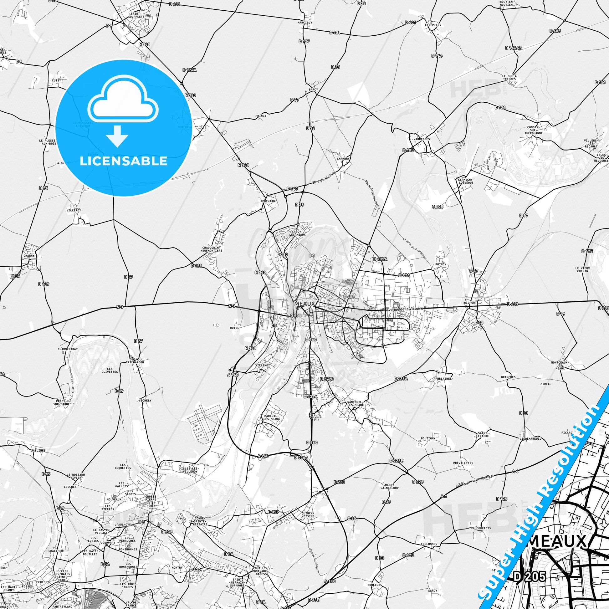 Meaux, France light map with streetnames, citynames and districts
