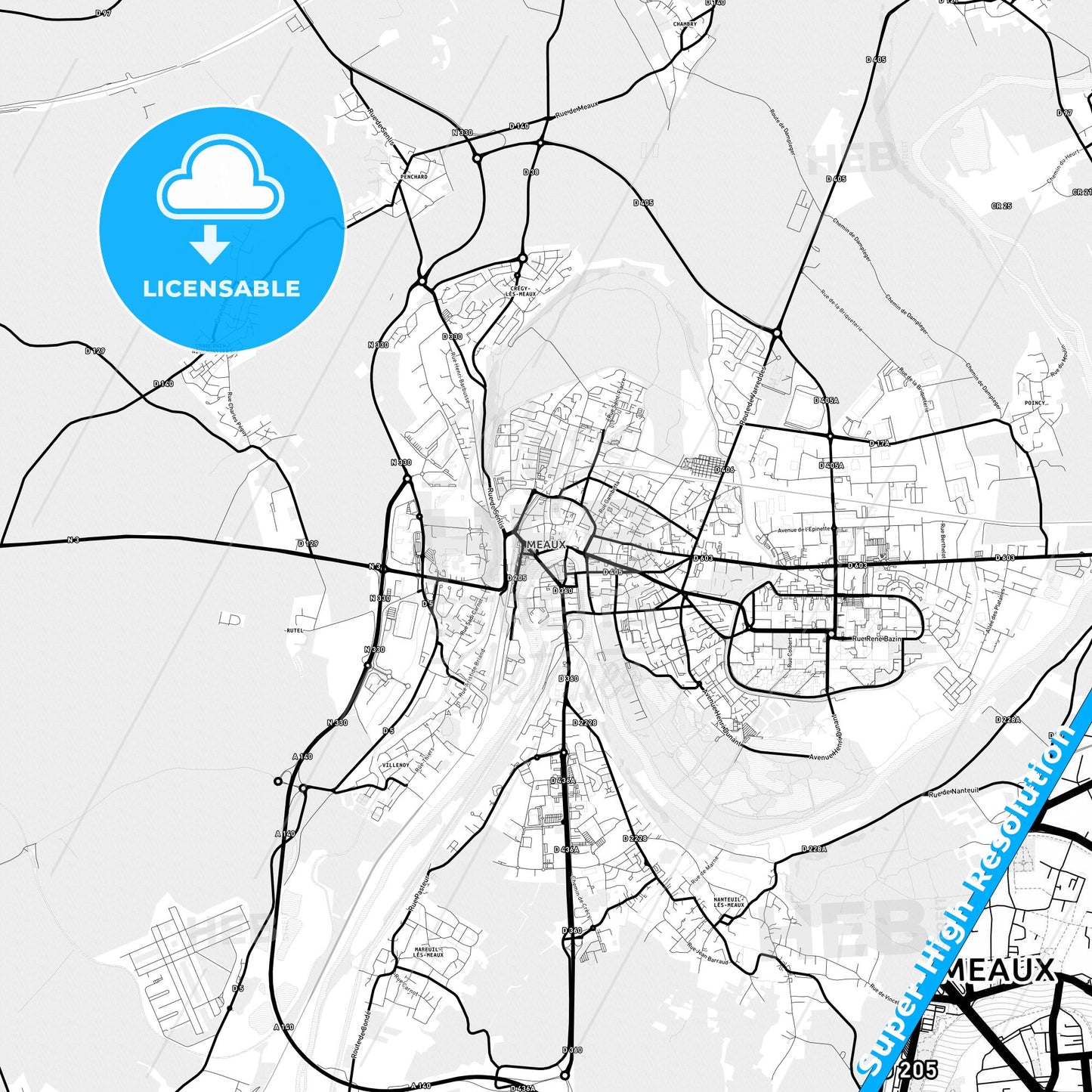 Meaux, France Light Map with Street Names, City Names, and Districts