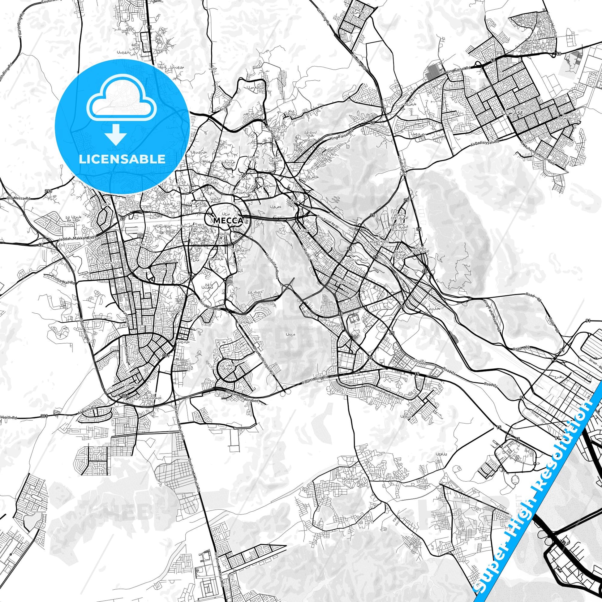 Mecca, Saudi Arabia light map with streetnames, citynames and districts