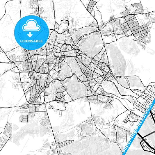Mecca, Saudi Arabia light map with streetnames, citynames and districts