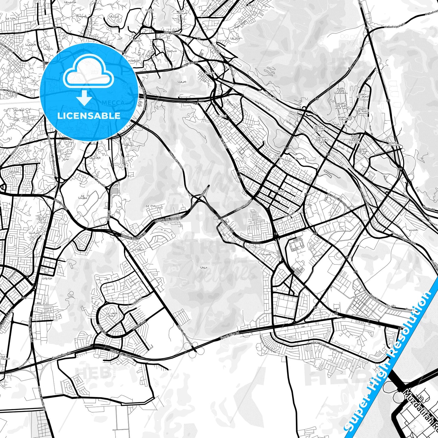 Mecca, Saudi Arabia Light Map with Street Names, City Names, and Districts