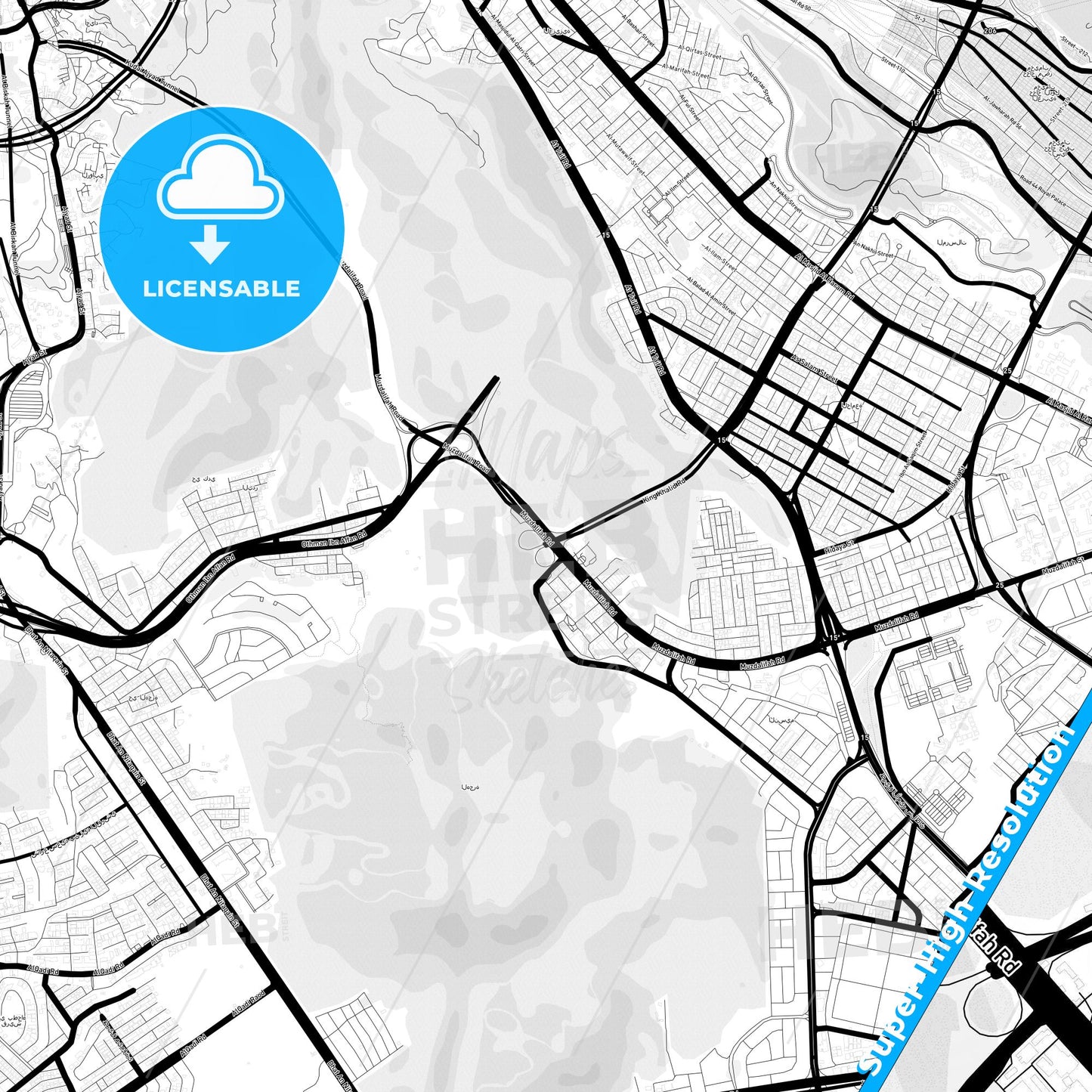 Mecca, Saudi Arabia Light Map with Street Names, City Names, and Districts