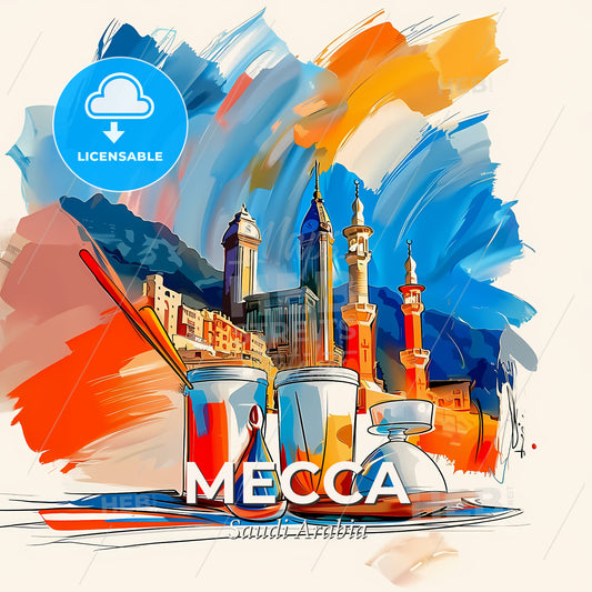 Vibrant Mecca, Saudi Arabia - A Painting Of A City - Square format print template