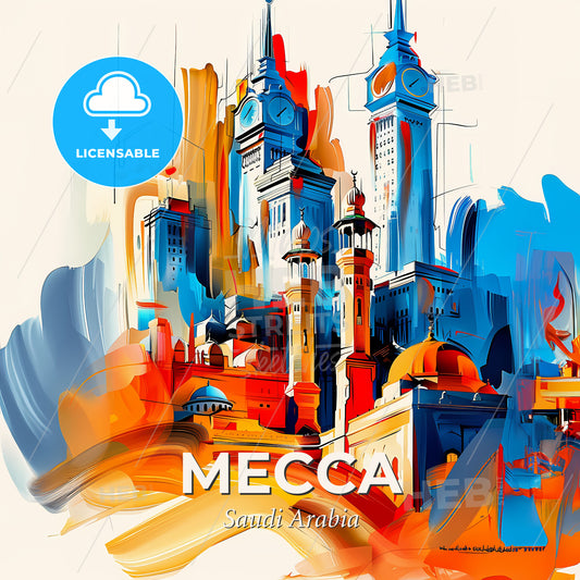 Vibrant Mecca, Saudi Arabia - A Colorful Painting Of A City - Square format print template
