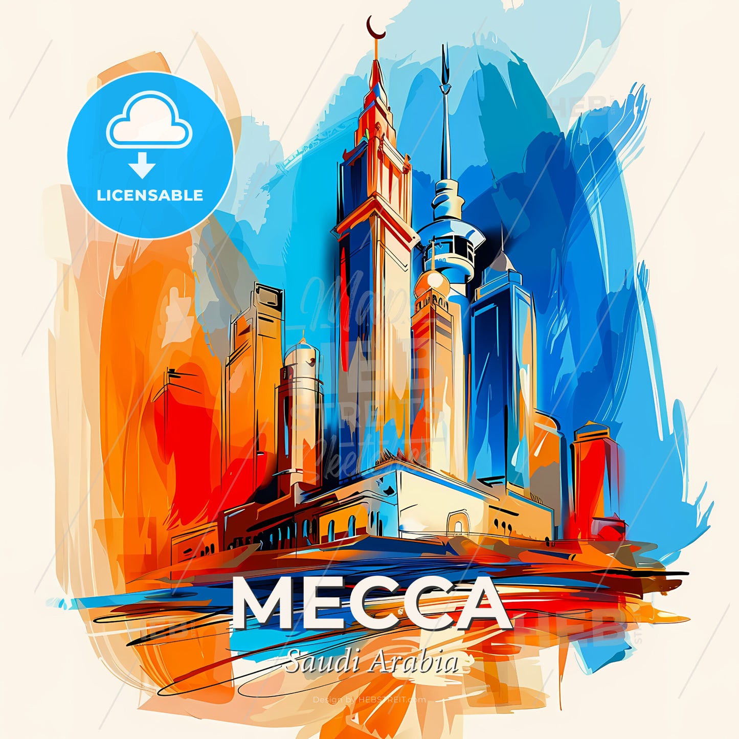 Vibrant Mecca, Saudi Arabia - A Colorful Painting Of A City - Square format print template